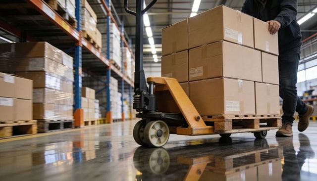 Warehouse worker pushing pallet jack loaded with cardboard boxes on polished warehouse floor