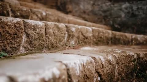 Moving low-angle video revealing weathered stone steps with moss and lichen, shallow focus