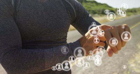 Athlete using smartwatch for fitness with digital social icons