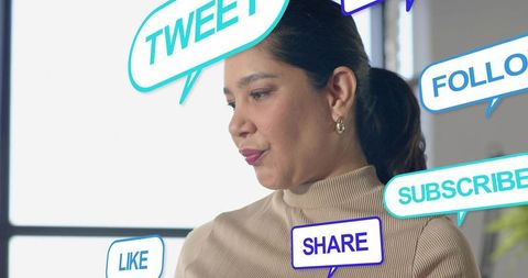 Hispanic woman engaging with social media notifications and colorful speech bubbles