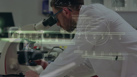 Scientist Analyzing DNA with Microscope and Data Overlay