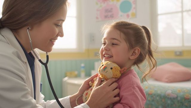 Pediatrician examines child's toy in clinic