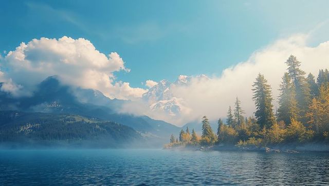 Misty Mountain Lake with Snow-Capped Peak and Forested Shoreline
