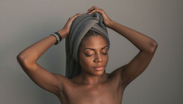 Adjusting towel turban on bare-shouldered woman, serene minimalist skincare portrait