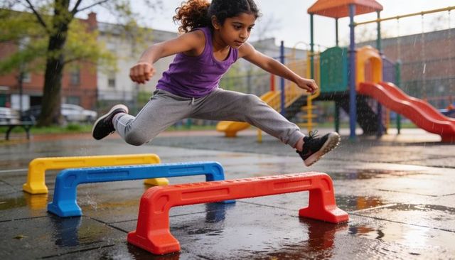 Energetic indian girl jumping over colorful low hurdles in wet urban playground splashing