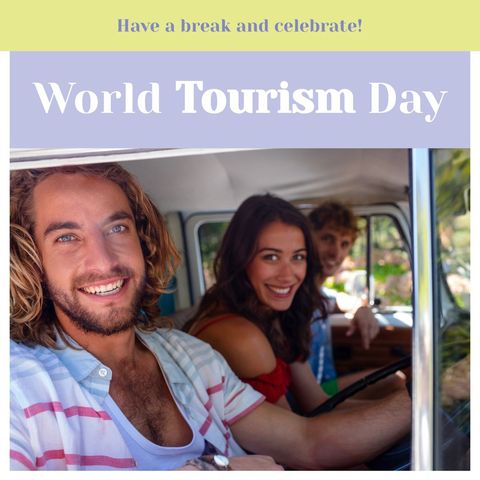 joyful friends in camper van on world tourism day - Download Free Stock Templates Pikwizard.com