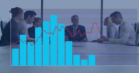 Executive team reviewing financial analytics overlaid with blue bar chart and red trend line