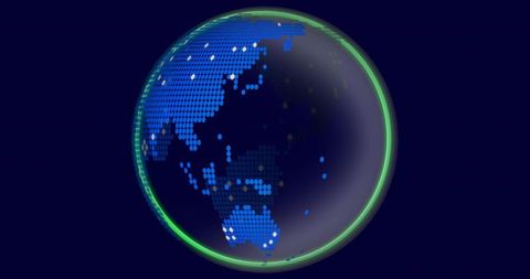 Rotating Digital Globe Showing Pixelated Asia Pacific with Neon Green Halo and Data Nodes