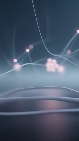 Vertical loop of glowing neural nodes pulsing along filaments in dark blue cyber network