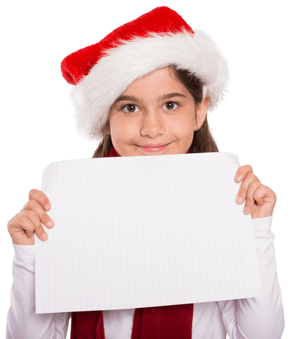Festive Child Holding Transparent Blank Sign Christmas Santa Hat