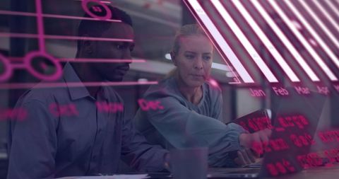 Colleagues Analyzing Financial Data with Futuristic Interface