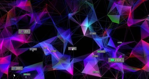 Glowing neon low-poly network with floating social ui badges and cursor interaction