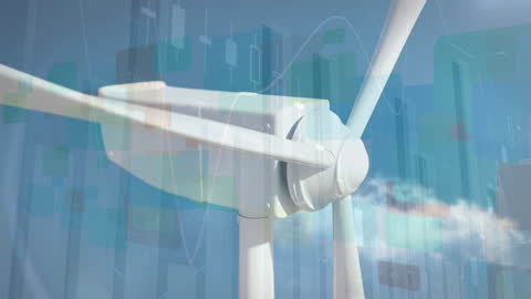 Overlay of Financial Graphs and Wind Turbine Indicating Sustainable Energy Growth