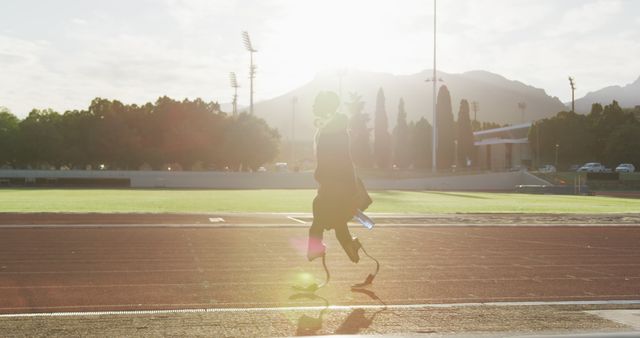 Determined Athlete with Prosthetic Legs Running on Track at Sunrise - Download Free Stock Images Pikwizard.com