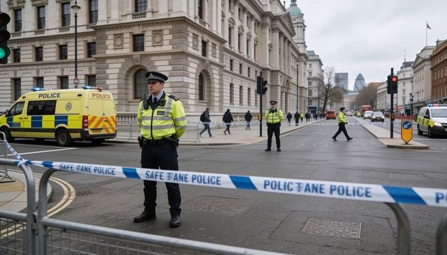 Police officer guarding cordon on london street with patrol van and city skyline