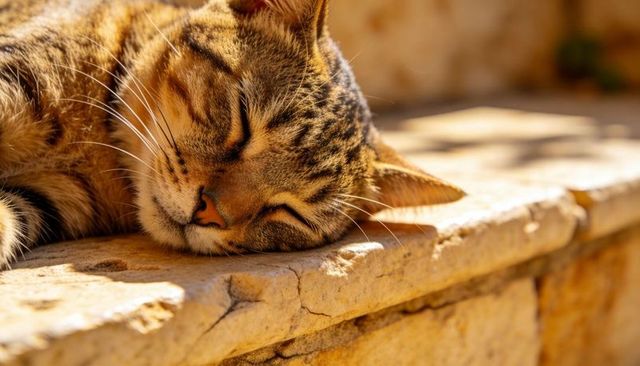 Tabby cat sleeping on sunlit sandstone ledge, closeup of serene feline resting in golden light
