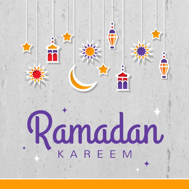Banner with 'Ramadan Kareem' text, featuring colorful Islamic decorations like lanterns and stars, along with a crescent moon. Useful for promoting Ramadan celebrations, greeting cards, social media posts, and cultural events.