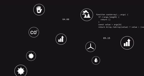Dark minimal dashboard showing co2, factory and wind turbine metrics with code snippets