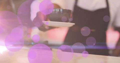 Barista Serving Coffee with Artistic Purple Overlay