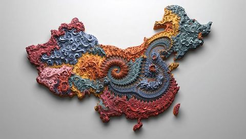 Vibrant filigree map of china with intricate fractal details