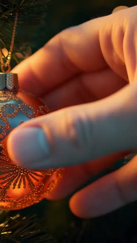 Hand Adjusting Red Bauble on Christmas Tree Branch, Centering Ornament Warm Holiday Close-Up Vertica