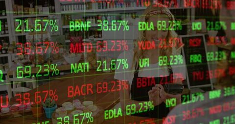 Cafe Cashier Processing Payment with Stock Ticker Overlay