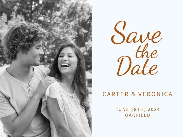 This image captures a joyful couple laughing, perfect for wedding save the date cards, engagement announcements, and wedding invitations. The happy expressions convey excitement and anticipation, making it an ideal choice for any wedding-related stationery or promotional material.
