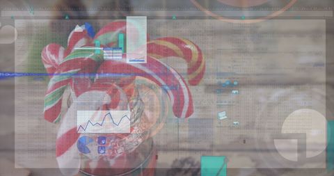 Digital Interface Overlaying Colorful Candy Cane Background