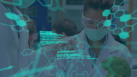 Scientists Analyzing Digital Data Overlay with Broccoli