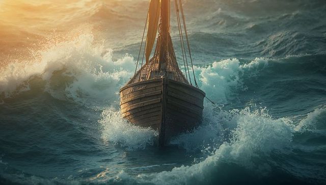 Wooden Sailboat Cutting Through Sea Waves at Sunrise