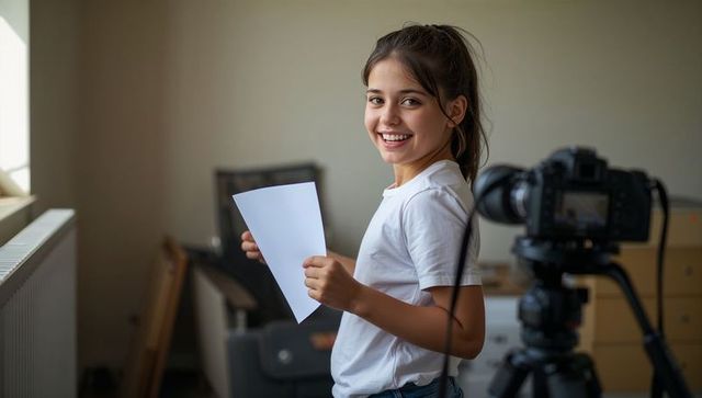 Smiling girl holding blank paper while recording on DSLR tripod in home studio