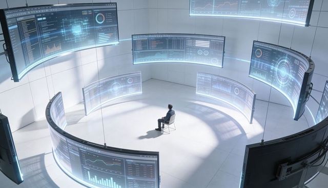 Analyst monitoring live data in circular ai control hub with curved suspended displays