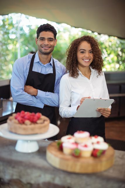 Smiling waitstaff standing at an outdoor restaurant with desserts on display. The male waiter and female waitress are dressed in professional attire, with the waitress holding a clipboard. Ideal for use in hospitality industry promotions, restaurant advertisements, and customer service training materials.