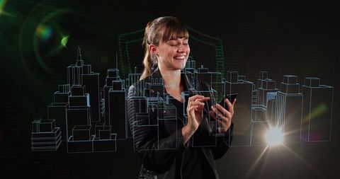 Woman Engaging with Futuristic Digital City via Smartphone
