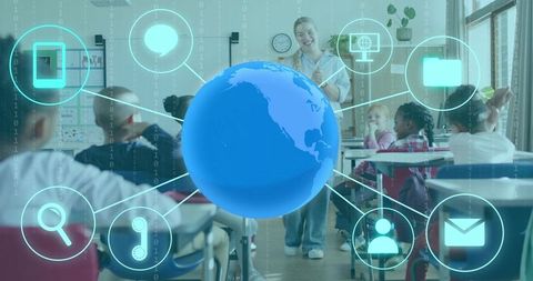 Teacher engaging elementary students with digital globe and connected learning icons