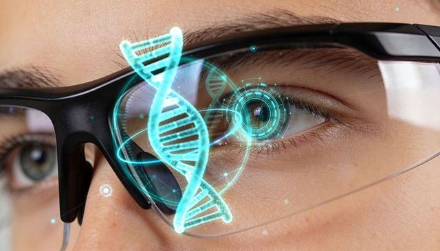 Close-up technician wearing ar glasses scanning dna hologram with hud interface