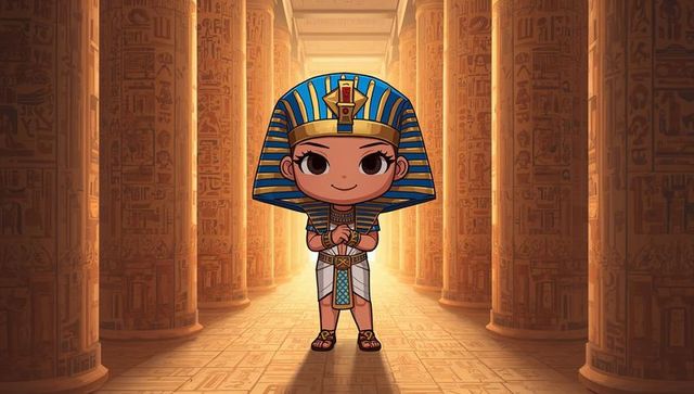 Chibi pharaoh in an egyptian temple corridor