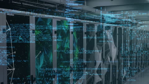 Data Processing Animation Over Server Room with Digital Interface