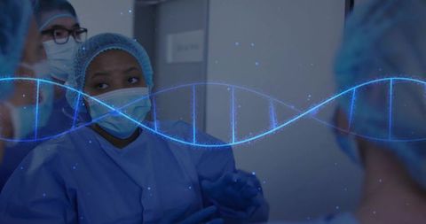 Medical Team Analyzing DNA Helix in Hospital Corridor
