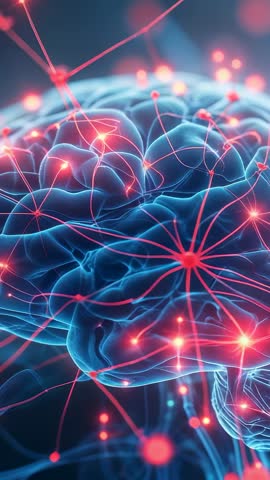 Pulsing 3D Brain Neural Network Visualizing Dynamic Signal Transmission and Connectivity