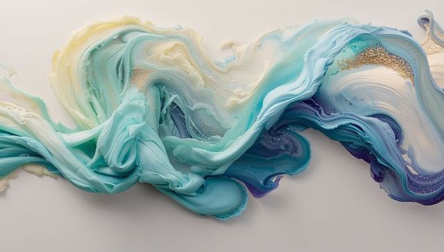 Flowing pearlescent paint ribbons with metallic gold flecks, sculptural turquoise swirl