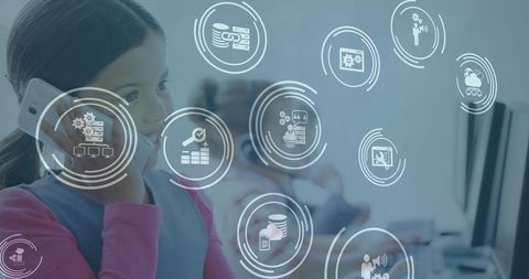 Young Student Interacting with Digital Technology Interface Icons