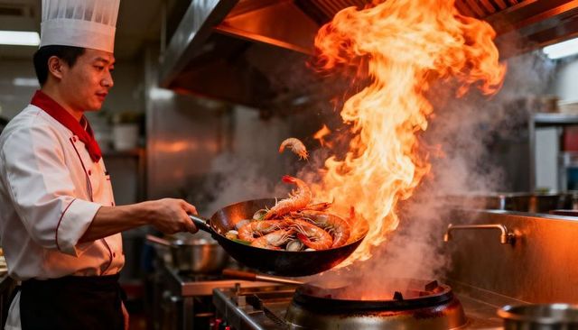 High-heat wok tossing shrimp with dramatic flame by professional chef in restaurant