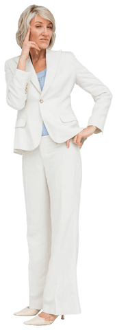 Confident Businesswoman in White Suit Thinking Transparently