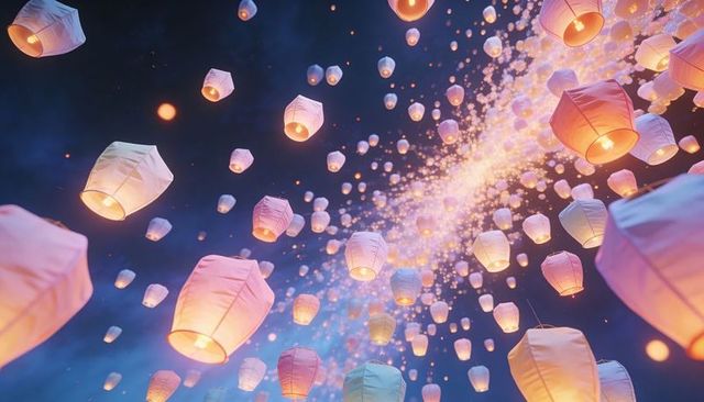 Floating Illuminated Paper Lanterns Rising into Starry Night with Warm Glowing Trails