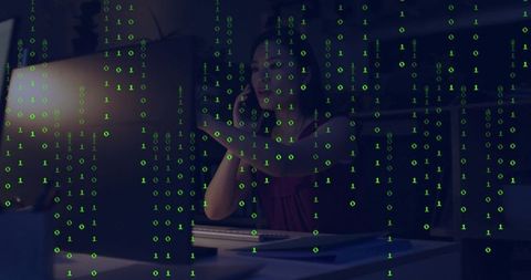 Asian Professional Talking on Smartphone with Digital Binary Code Overlay