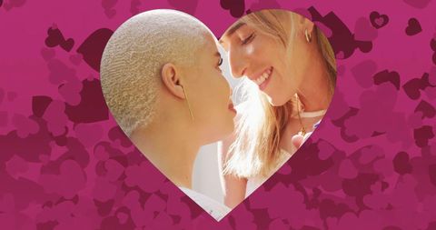 Diverse Female Couple Embracing with Heart Motif