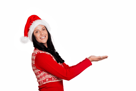 Festive woman in santa hat holding transparent copy space