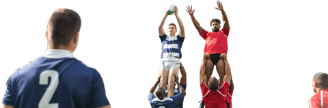 Rugby players competing for ball on transparent background