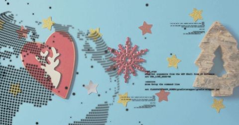 Combining wooden heart, red snowflake and tree with glitter stars and code over dotted map